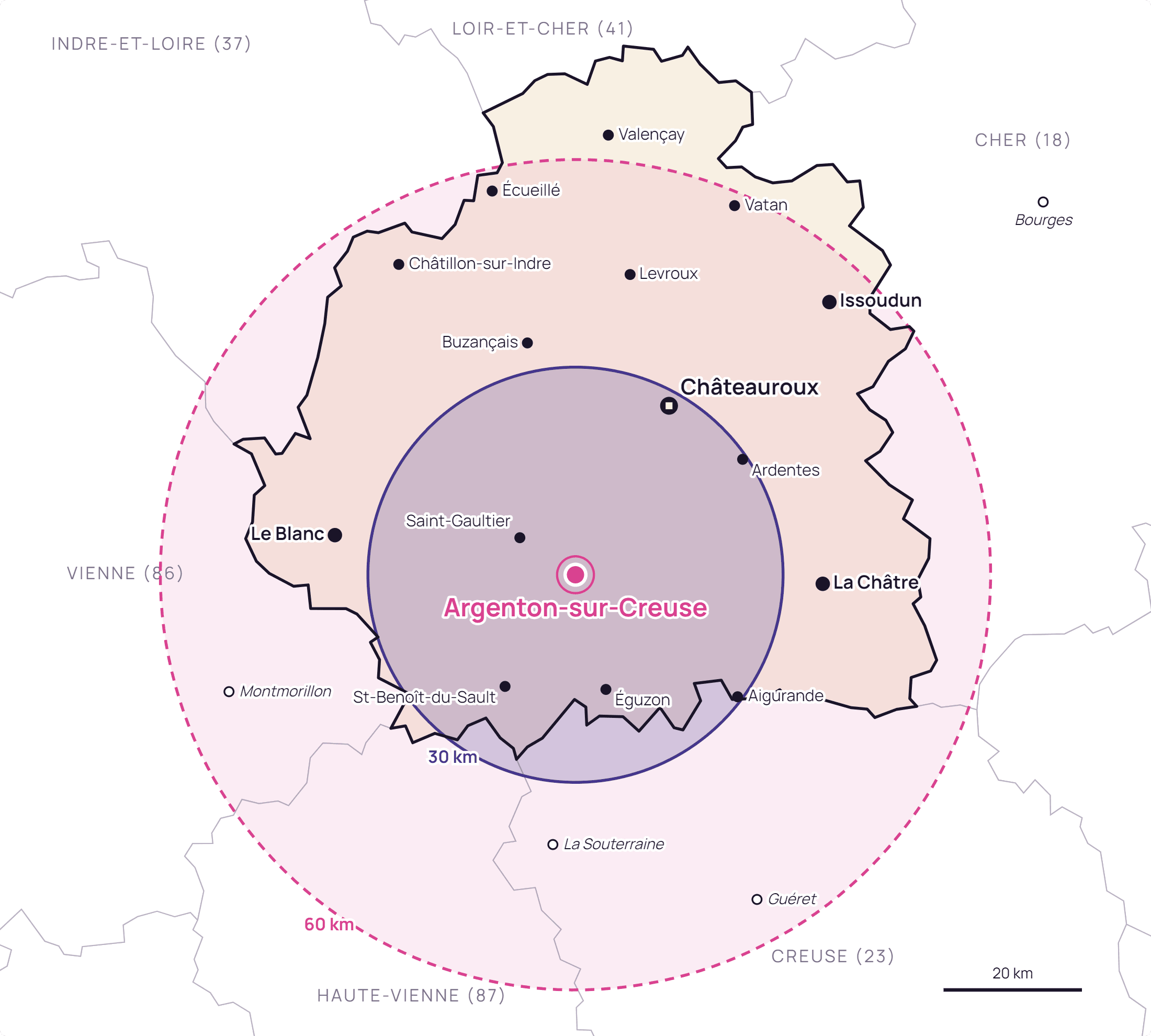 Carte de l’Indre : zone d’intervention Selfie Berry dans un rayon de 30 km et 60 km autour d’Argenton-sur-Creuse